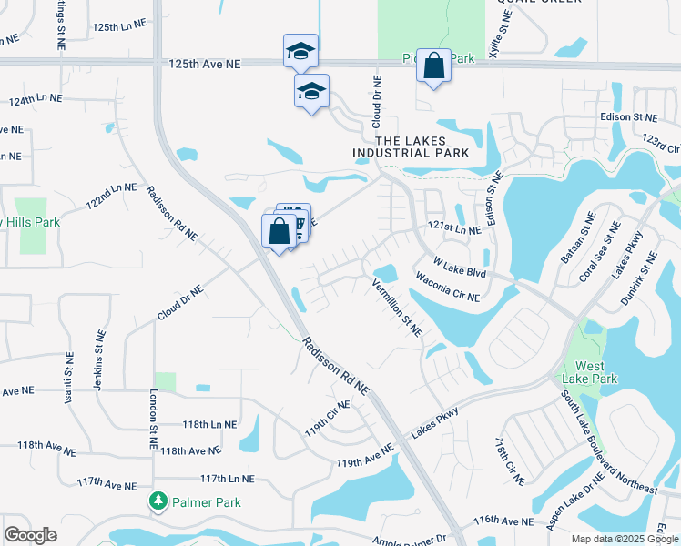 map of restaurants, bars, coffee shops, grocery stores, and more near 2495 121st Circle Northeast in Blaine