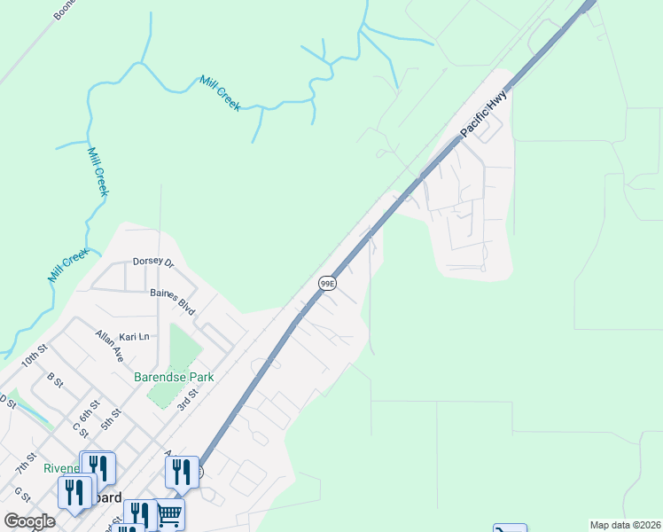 map of restaurants, bars, coffee shops, grocery stores, and more near 18767 Oregon 99E in Hubbard