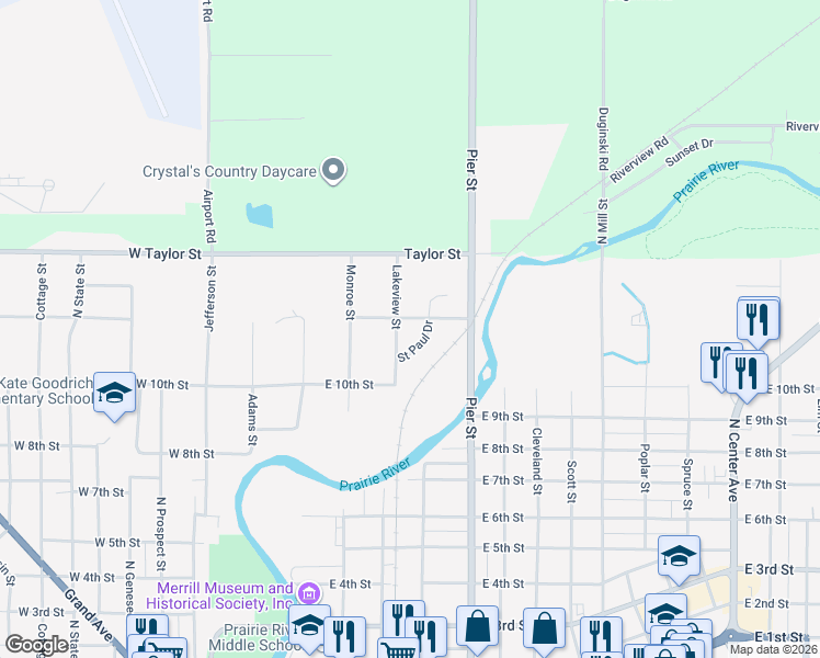 map of restaurants, bars, coffee shops, grocery stores, and more near 1010 Saint Paul Drive in Merrill