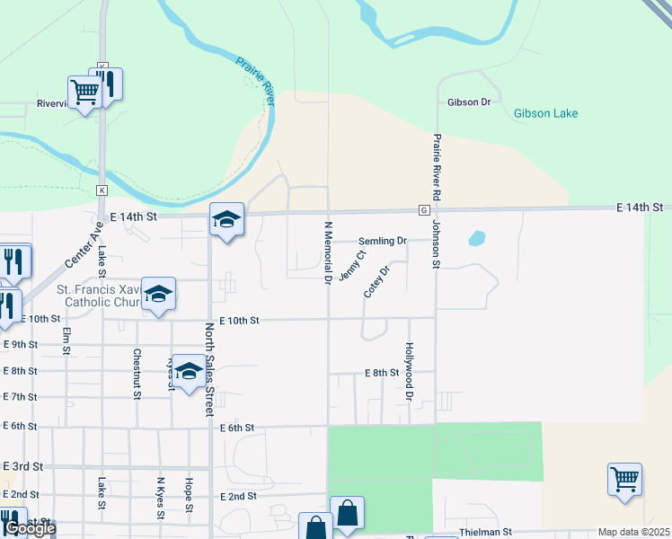map of restaurants, bars, coffee shops, grocery stores, and more near 1201 North Memorial Drive in Merrill
