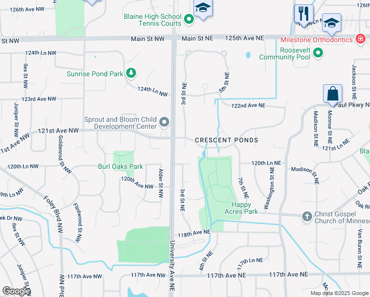 map of restaurants, bars, coffee shops, grocery stores, and more near 12054 3rd Street Northeast in Blaine