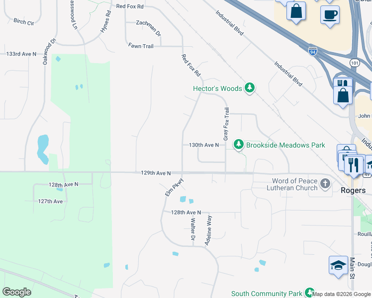 map of restaurants, bars, coffee shops, grocery stores, and more near 12994 Red Fox Road in Rogers