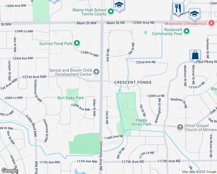 map of restaurants, bars, coffee shops, grocery stores, and more near 12054 3rd Street Northeast in Blaine