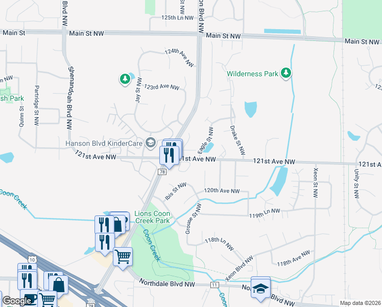 map of restaurants, bars, coffee shops, grocery stores, and more near 12101 Grouse Street Northwest in Minneapolis