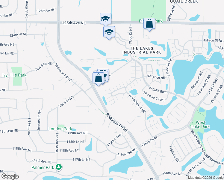 map of restaurants, bars, coffee shops, grocery stores, and more near 2467 121st Circle Northeast in Blaine