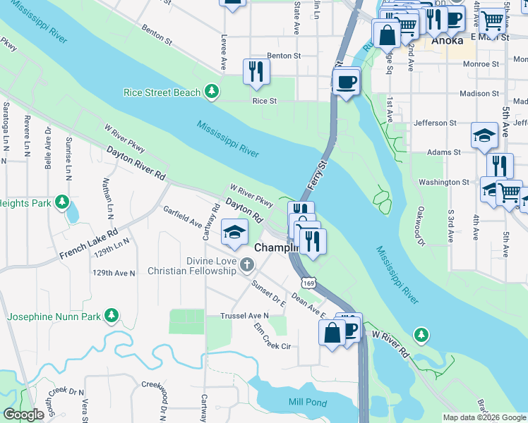 map of restaurants, bars, coffee shops, grocery stores, and more near 105 Dayton Road in Champlin