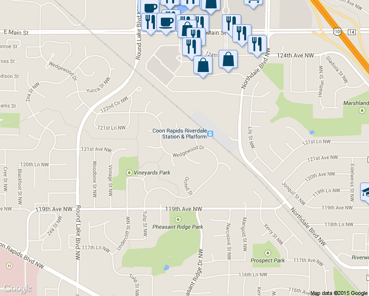 map of restaurants, bars, coffee shops, grocery stores, and more near 12033 Wedgewood Drive Northwest in Coon Rapids