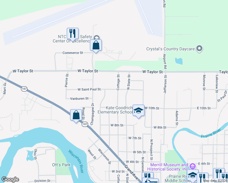 map of restaurants, bars, coffee shops, grocery stores, and more near 1104 Cottage Street in Merrill