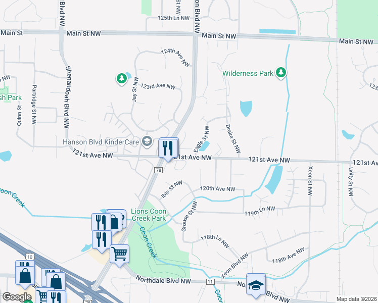 map of restaurants, bars, coffee shops, grocery stores, and more near 12101 Grouse Street Northwest in Minneapolis