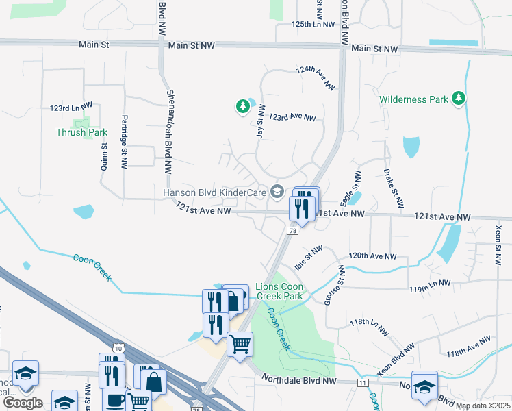 map of restaurants, bars, coffee shops, grocery stores, and more near 12111 Killdeer Street Northwest in Minneapolis