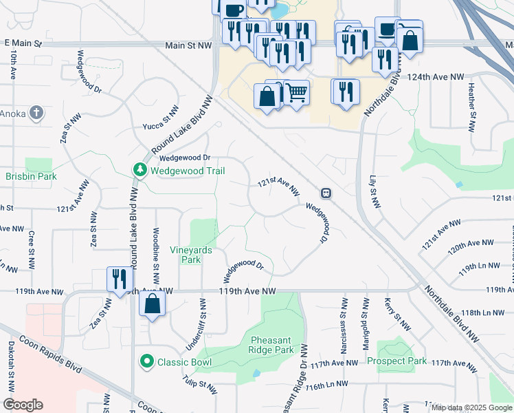 map of restaurants, bars, coffee shops, grocery stores, and more near 12069 Wedgewood Drive Northwest in Coon Rapids