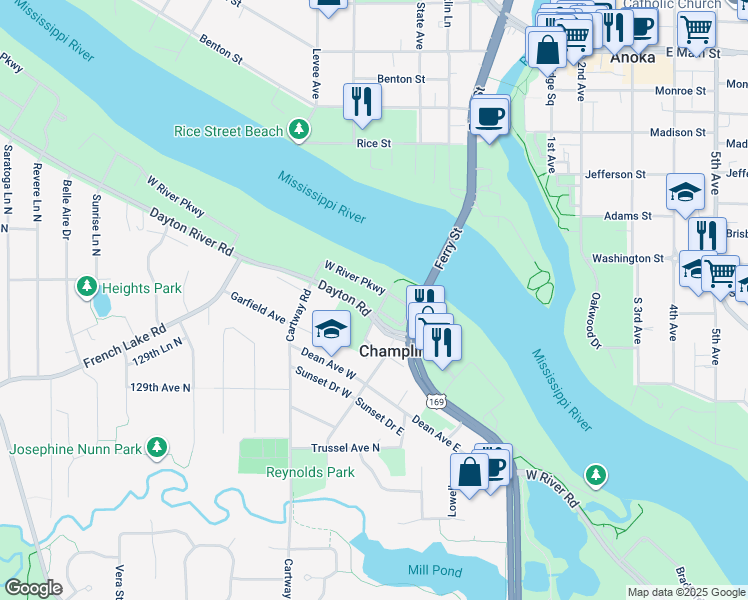 map of restaurants, bars, coffee shops, grocery stores, and more near 105 Dayton Road in Champlin