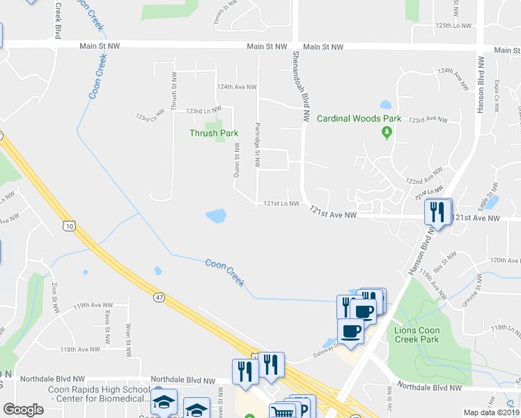 map of restaurants, bars, coffee shops, grocery stores, and more near 2096 121st Lane Northwest in Minneapolis
