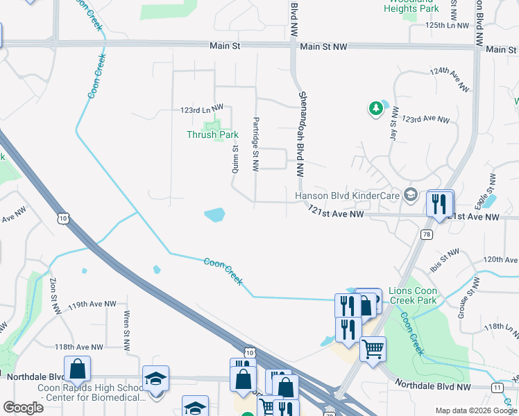map of restaurants, bars, coffee shops, grocery stores, and more near 2096 121st Lane Northwest in Minneapolis