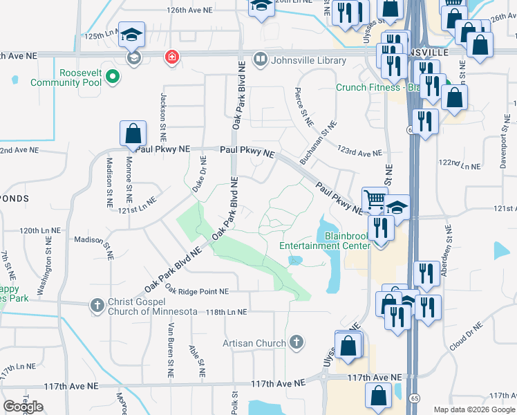 map of restaurants, bars, coffee shops, grocery stores, and more near 1051 121st Lane Northeast in Blaine