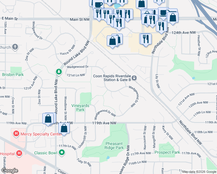 map of restaurants, bars, coffee shops, grocery stores, and more near 12069 Wedgewood Drive Northwest in Coon Rapids