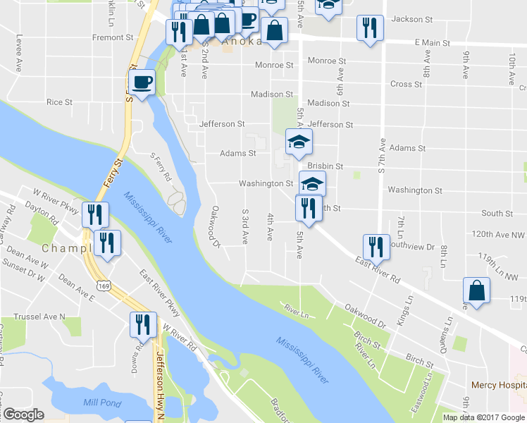map of restaurants, bars, coffee shops, grocery stores, and more near 1341 4th Avenue in Anoka