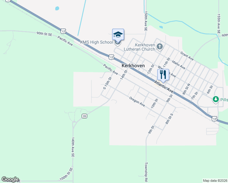 map of restaurants, bars, coffee shops, grocery stores, and more near 302 14th Street in Kerkhoven