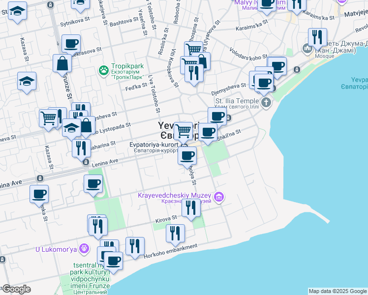 map of restaurants, bars, coffee shops, grocery stores, and more near in Yevpatoriya