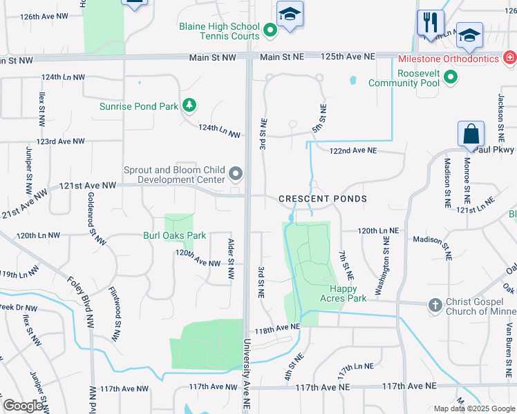 map of restaurants, bars, coffee shops, grocery stores, and more near 12054 3rd Street Northeast in Blaine