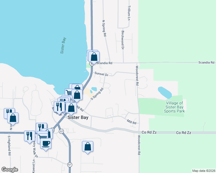 map of restaurants, bars, coffee shops, grocery stores, and more near 10697 Timber Ridge Circle in Sister Bay