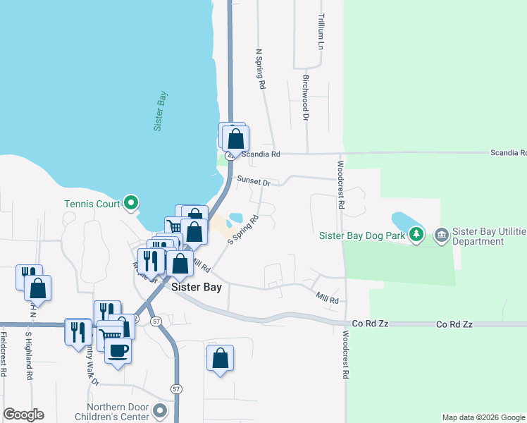 map of restaurants, bars, coffee shops, grocery stores, and more near 10697 Timber Ridge Circle in Sister Bay