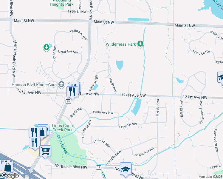 map of restaurants, bars, coffee shops, grocery stores, and more near 12118 Drake Street Northwest in Minneapolis