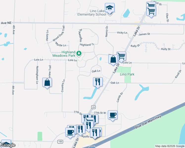 map of restaurants, bars, coffee shops, grocery stores, and more near 678 Oak Lane in Lino Lakes