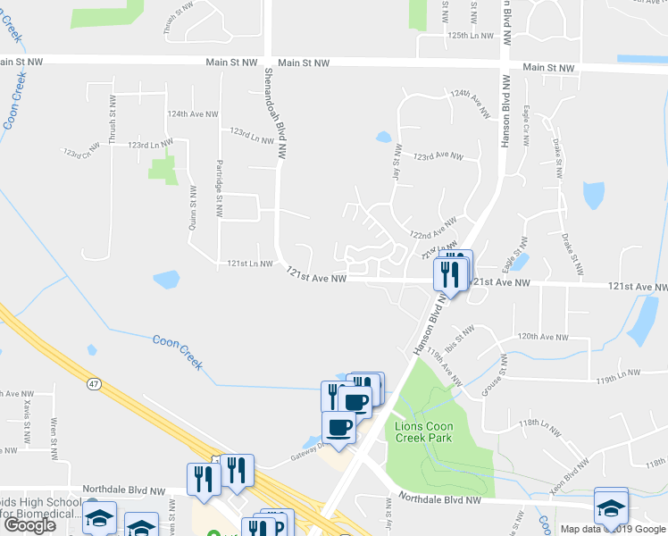 map of restaurants, bars, coffee shops, grocery stores, and more near 1883 121st Lane Northwest in Minneapolis