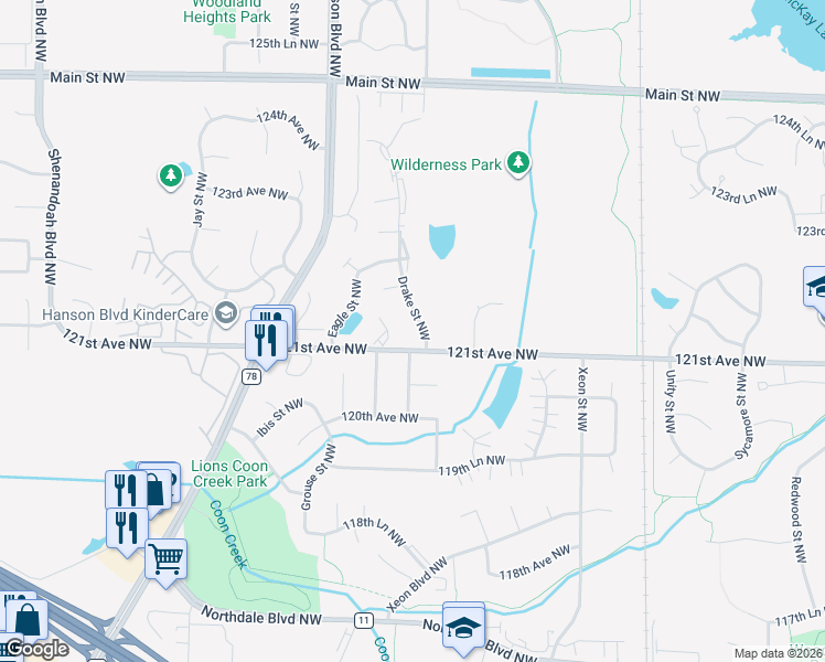 map of restaurants, bars, coffee shops, grocery stores, and more near 12118 Drake Street Northwest in Minneapolis