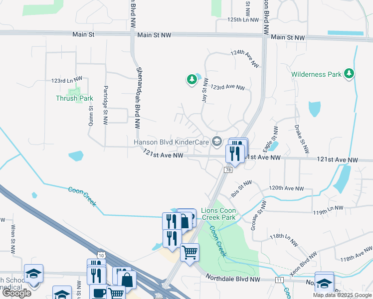 map of restaurants, bars, coffee shops, grocery stores, and more near 1830 121st Lane Northwest in Coon Rapids