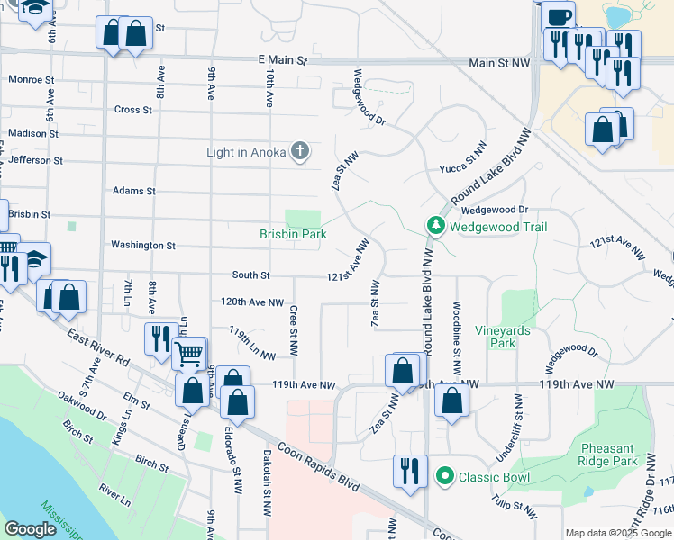 map of restaurants, bars, coffee shops, grocery stores, and more near 3971 121st Avenue Northwest in Coon Rapids