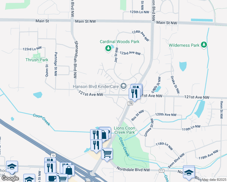 map of restaurants, bars, coffee shops, grocery stores, and more near 12111 Killdeer Street Northwest in Minneapolis