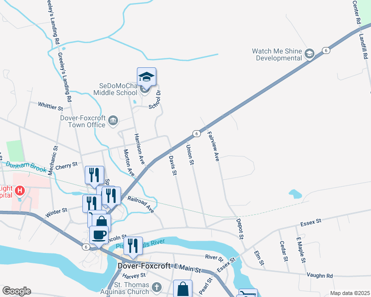 map of restaurants, bars, coffee shops, grocery stores, and more near 72 Union Street in Dover-Foxcroft