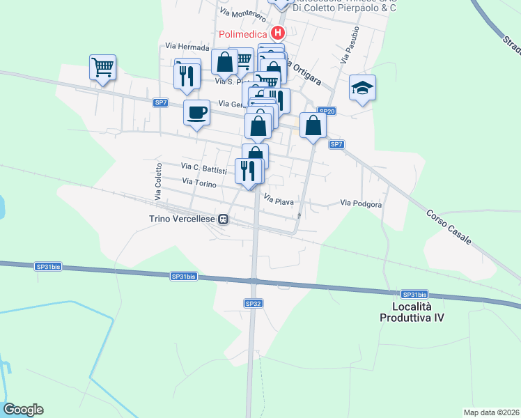 map of restaurants, bars, coffee shops, grocery stores, and more near 1D Via Trieste in Trino