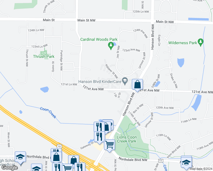 map of restaurants, bars, coffee shops, grocery stores, and more near 1830 121st Lane Northwest in Coon Rapids