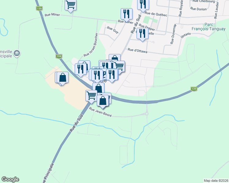 map of restaurants, bars, coffee shops, grocery stores, and more near 170 Rue Nelson in Cowansville