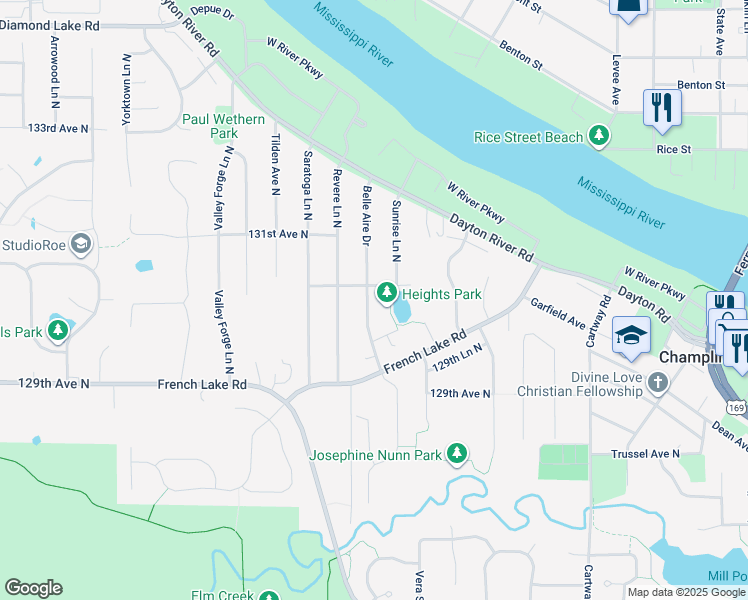 map of restaurants, bars, coffee shops, grocery stores, and more near 403 Belle Aire Drive in Champlin