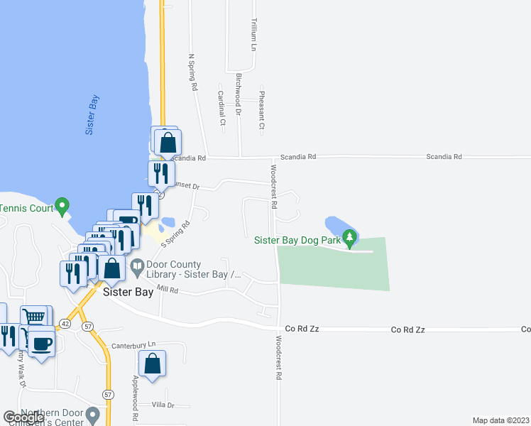 map of restaurants, bars, coffee shops, grocery stores, and more near 10705 Woodcrest Road in Sister Bay