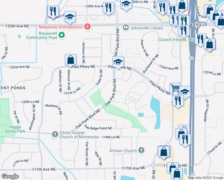 map of restaurants, bars, coffee shops, grocery stores, and more near 12129 Oak Park Boulevard Northeast in Blaine