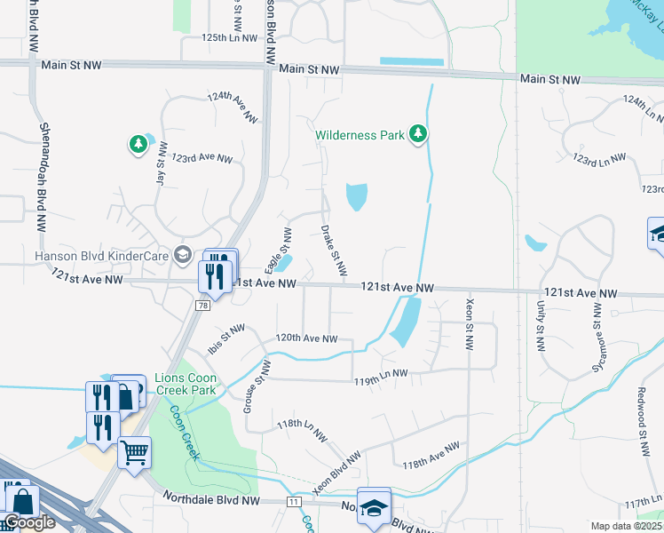 map of restaurants, bars, coffee shops, grocery stores, and more near 12118 Drake Street Northwest in Minneapolis
