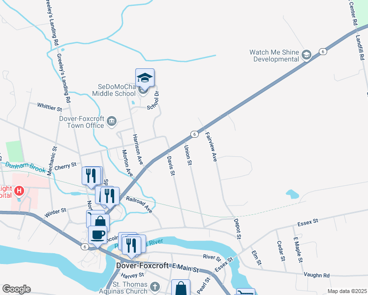 map of restaurants, bars, coffee shops, grocery stores, and more near 72 Union Street in Dover-Foxcroft