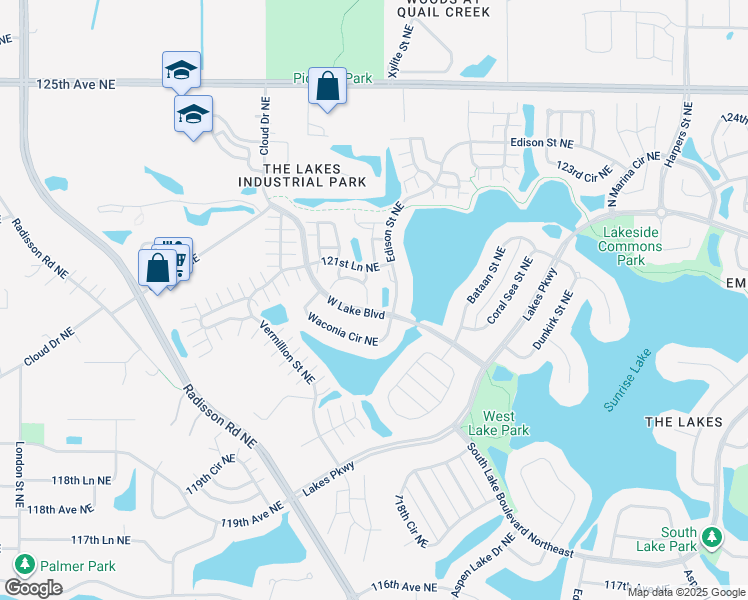 map of restaurants, bars, coffee shops, grocery stores, and more near 12105 Yancy Street Northeast in Blaine