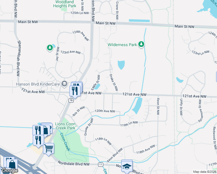 map of restaurants, bars, coffee shops, grocery stores, and more near 1525 121st Avenue Northwest in Minneapolis