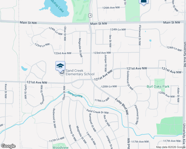 map of restaurants, bars, coffee shops, grocery stores, and more near 12143 Foley Boulevard in Minneapolis