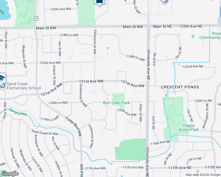 map of restaurants, bars, coffee shops, grocery stores, and more near 12081 Evergreen Street Northwest in Minneapolis