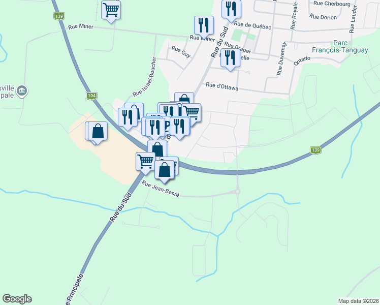 map of restaurants, bars, coffee shops, grocery stores, and more near 170 Rue Nelson in Cowansville