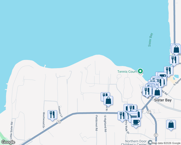 map of restaurants, bars, coffee shops, grocery stores, and more near 10688 Commodore Circle in Sister Bay