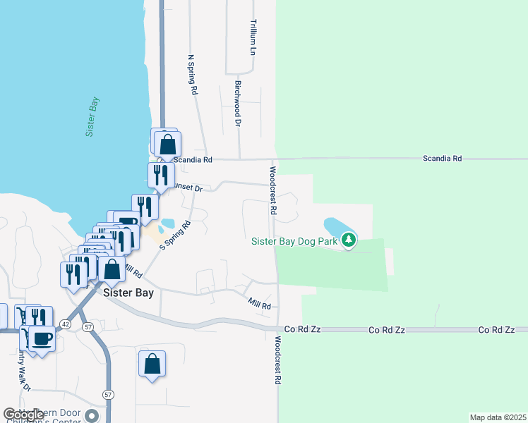 map of restaurants, bars, coffee shops, grocery stores, and more near 10705 Woodcrest Road in Sister Bay