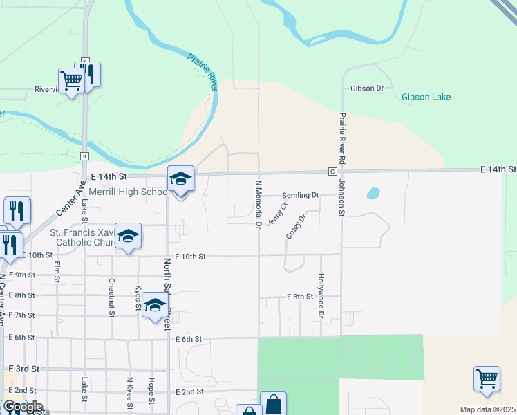 map of restaurants, bars, coffee shops, grocery stores, and more near 1201 North Memorial Drive in Merrill